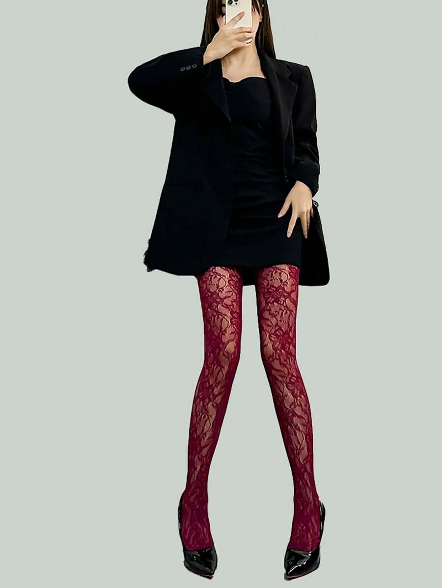 薄款丝袜纯色镂空连裤袜个性性感黑色酒红色蕾丝网袜女 - 酒紅色 - 查看 1