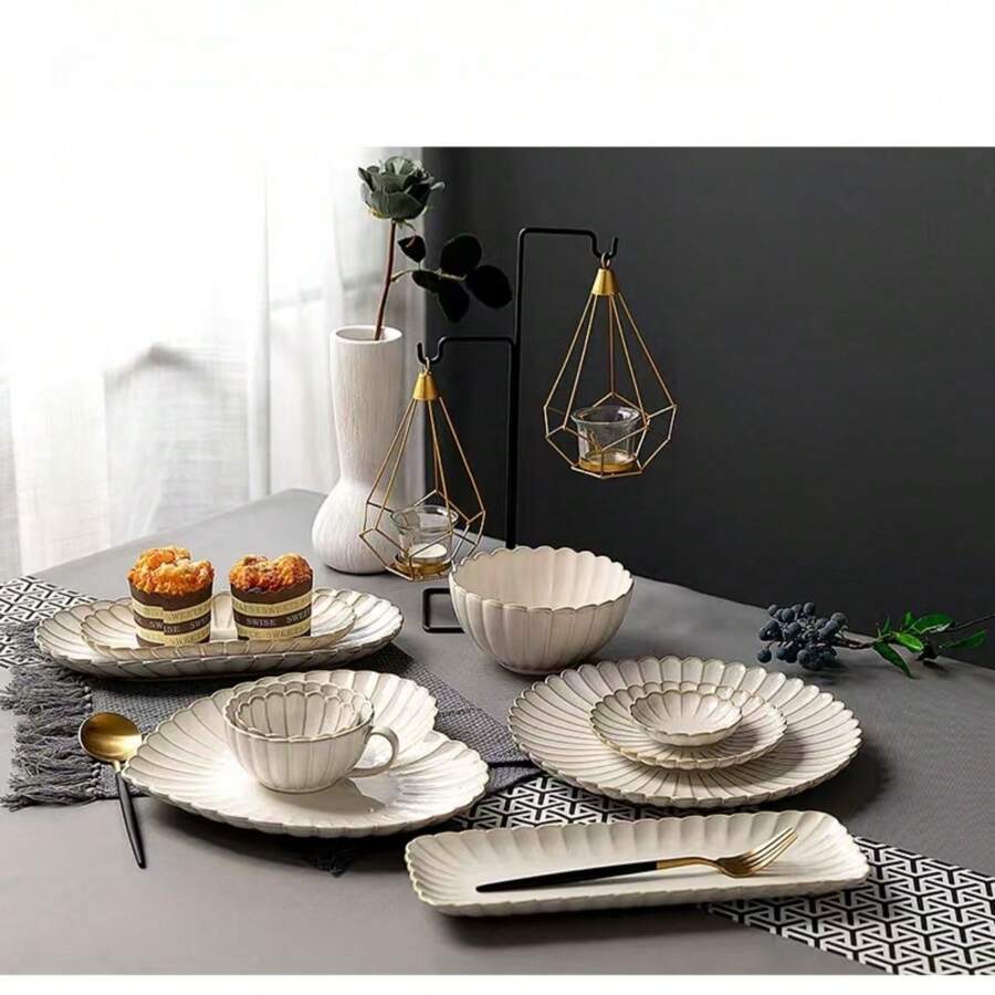 Vintage Crackle Glaze Ceramic Dinnerware Set, Japanese Chrysanthemum Plates, Steakpan, Fishpan, Soup Bowl, Coffee Cup, Home Use - Beige - View 1
