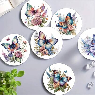 1 套/4 件/6 件蝴蝶花卉图案杯垫套装，隔热垫，可洗餐垫，防烫防滑桌垫，汽车杯垫，适合家庭、咖啡厅、办公室、厨房、下午茶时间、主题派对装饰，精美礼品