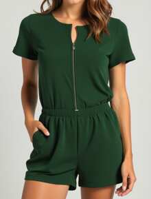 Curve And Plus Size Jumpsuit In Fleece With Zipper For Adult Women - Dark Green - View 2