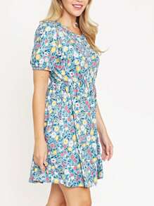 Black Yellow Ditsy Floral Puff Short Sleeve Wrap Tie Surplice V Neck  Mini Dress Swing Southern Dress | Small -3 XL - Màu xanh lam - Xem 5