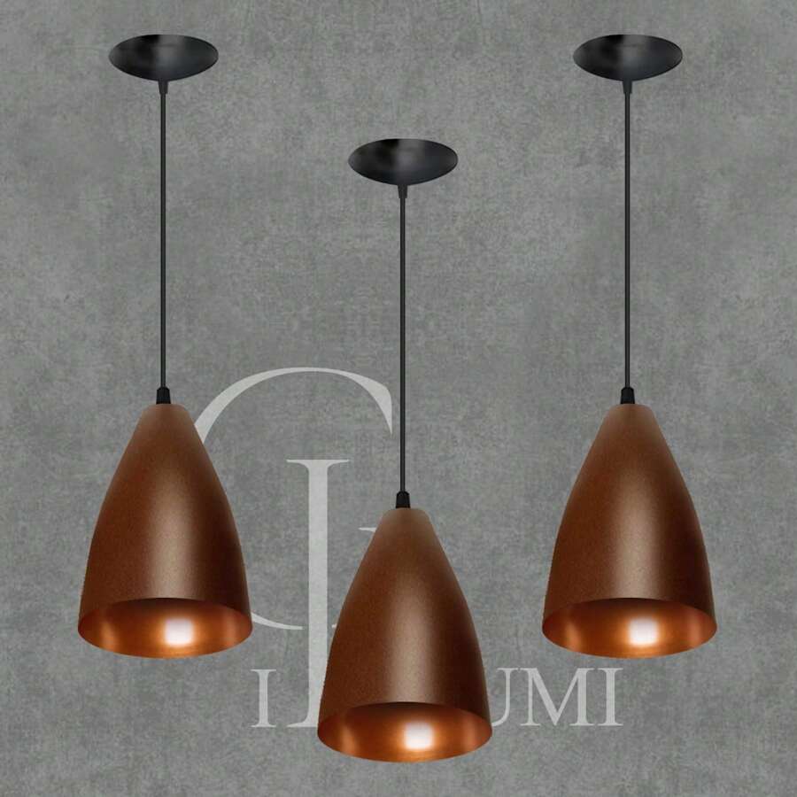 Conjunto Luzes com 3 Luminarias Pendentes Lustres em Alumínio Promoção Vegas Sala Cozinha Quarto Variedade em Cores GL ilumi! - Marrom - Visão 1