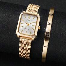1pc Women's Steel Strap Casual Minimalist Square Dial Quartz Wristwatch + 1pc Love Bracelet, No Watch Box - 金色 - 查看 2