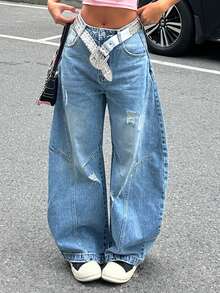 Y2K Vintage American High-Waisted Flared Banana Pants - Retro Blade Cut Wide-Leg Denim Trousers,Sickle Pants,Barrel-Leg Jeans - Light Wash - View 3