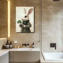 1pc St. Patrick's Day Framed Canvas Wall Art Poster Realism Surrealism Green Neutral A White Rabbit Holding A Four Leaf Clover Wall Art For Living Room Bedroom Bathroom Kitchen Apartment Hotel, Artful Home Decoration - Framed, Vertical