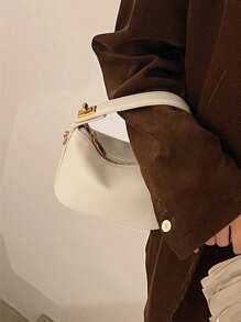 Metal Buckle Bento Lunch Box Handheld & Crossbody Small Square Bag - Beige - View 2