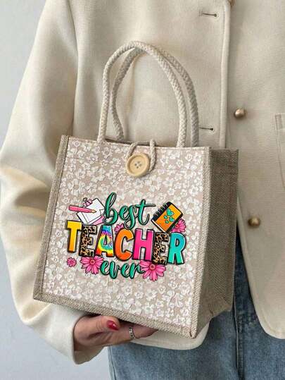 1pc "Best Teacher" Floral Print Linen Tote Bag, Reusable Printed Handbag For Women, Dual Handle Shopping Book Bag, Large Capacity Shoulder Bag, Casual Carry Bag, Christmas Storage Bag, Suitable For Commuting, School, Shopping, Outdoor Activities, Gift For Friends, Girlfriend, Teacher's Day, Holiday And Festival