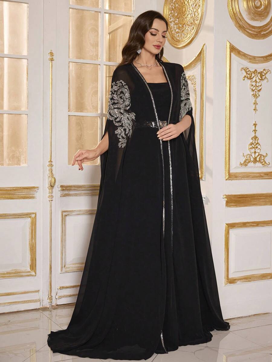 SUPGIR Strapless Sequins Embellished Dress, Convertible To Long Sleeve Gown, Elegant Evening Party Dress - Black - View 1