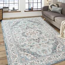 Homore Vintage Area Rugs For Living Room, Floral Medallion Washable Rug For Bedroom, Faux Wool Ultra Soft Retro Accent Rug, Non Slip Indoor Carpet For Kitchen Office Dining Room Decor - 藍色 - 查看 1