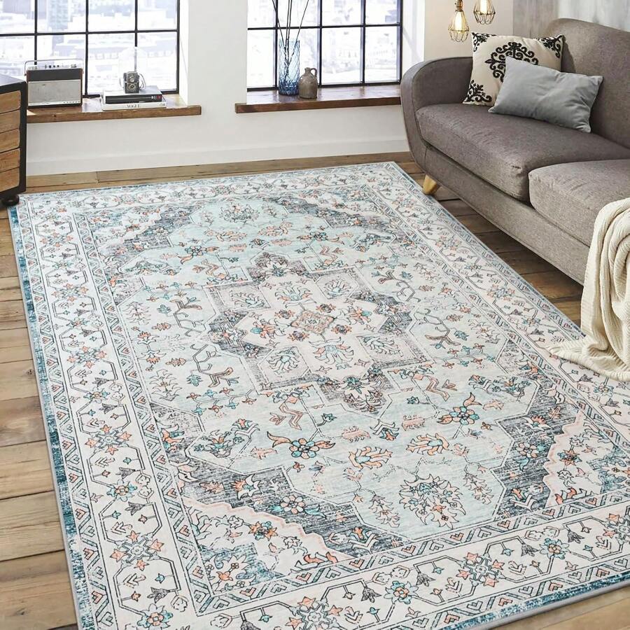 Homore Vintage Area Rugs For Living Room, Floral Medallion Washable Rug For Bedroom, Faux Wool Ultra Soft Retro Accent Rug, Non Slip Indoor Carpet For Kitchen Office Dining Room Decor - 藍色 - 查看 1