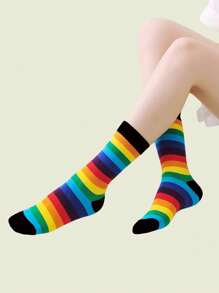 1/3/7 Pairs Women Colorful Fashion Horizontal Striped Rainbow Mid-Calf Socks, Suitable For Casual Daily Wear - Multicolor - View 5