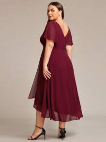 EVERPRETTY Plus Size Elegant High Low Flowing Chiffon V-Neck Ruffle Sleeves Bridesmaid Dress - Burgundy - View 2