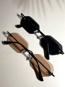 015835340007 2 chiếc kính râm nam gọng đen ánh kim hình lục giác nhỏ màu sâm panh, phối màu chuyển sắc, thích hợp cho đường phố, bãi biển, đi làm hàng ngày, phong cách du lịch cổ điển (kèm dây đeo và khăn lau). - 1*Đen/Hồng sâm panh+1*Đen/Xám - Xem 6