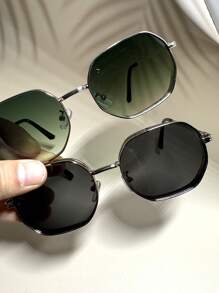 2pcs Men/Women Fashion Geometric Polygon Fashion Glasses, Metal Frame Decoration Outdoor Indoor Street Style Glasses, Black/Gold/Silver/Brown Color, Suitable For All Seasons, Thickened Frame With Ventilation Holes - 1*銀/灰+1*銀/漸綠 - 查看 8