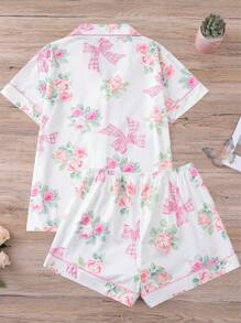 2 pezzi pigiama da donna con stampa a fiocco e rosa, top con collo a risvolto e maniche corte, pantaloncini larghi con elastico, pigiama casual per tutte le stagioni, set da 2 pezzi