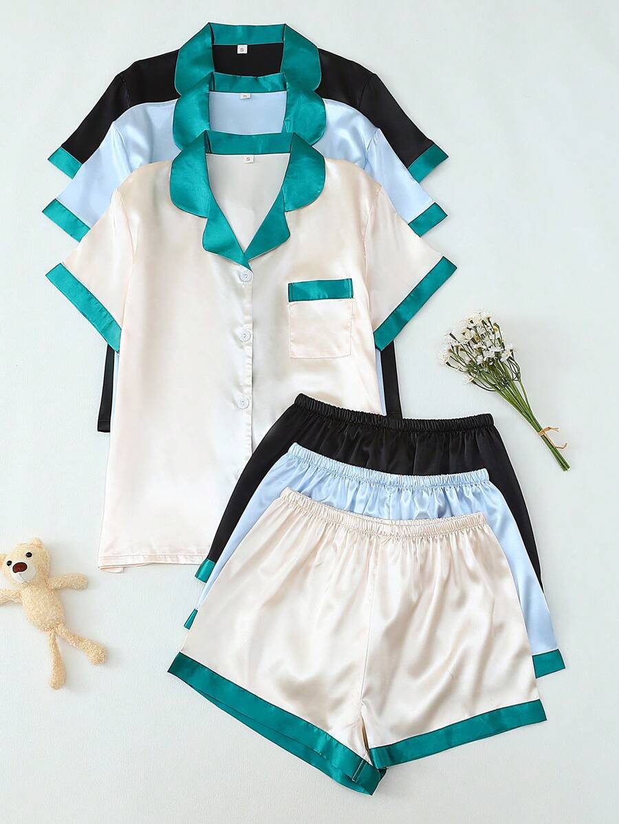 Bộ đồ ngủ 3 món bằng vải satin màu tương phản, cổ bẻ, tay ngắn, một hàng khuy, và quần short cho nữ, thoải mái khi mặc ở nhà, mùa xuân/hè - Nhiều màu - Xem 1