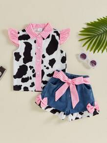 Western Baby Girl Denim Outfit Cow Print Ruffle Sleeve Tops Plaid Print Button Shirt Toddler Belted Jeans Shorts Set - 粉色 - 查看 1
