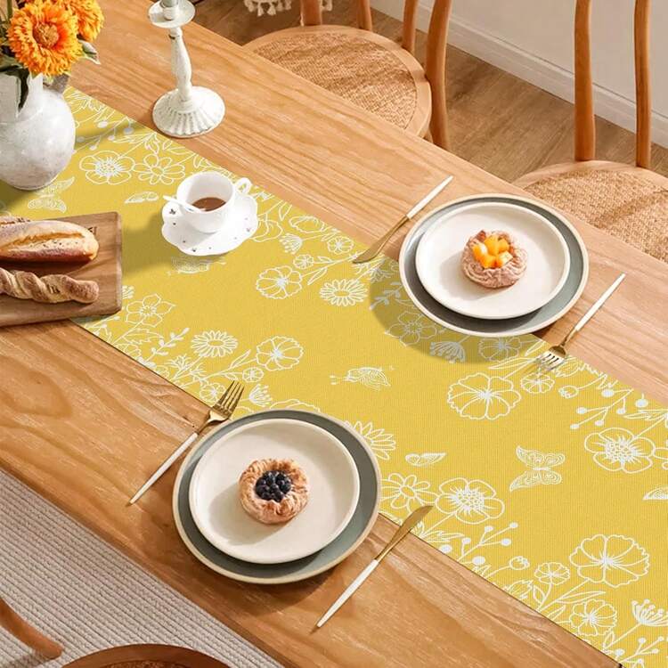 1PC Summer Table Runner, Yellow Flower Spring Table Runner, Seasonal Holiday Kitchen Table Decoration Butterfly Suitable For Home Parties Indoors And Outdoors - Yellow - View 5