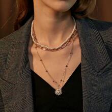 3-Layer Women's Faux Pearl Necklace With Simple Chain Sun Pendant - Gold - View 1