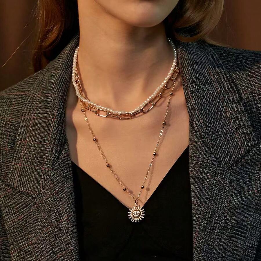 3-Layer Women's Faux Pearl Necklace With Simple Chain Sun Pendant - Gold - View 1