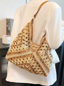 Geantă de umăr boemă din paie pentru femei, geantă tote de plajă de designer vintage, potrivită pentru vacanță, muncă, utilizare zilnică, stil de vară, perfectă pentru ieșirile ocazionale și excursiile pe plajă