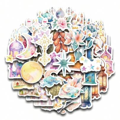 60 قطعة/2 ورقة ملصقات مبارك رمضان وعيد - ملصقات لاصقة ذاتية للأجهزة المحمولة وزجاجات المياه والتجليد والتدوين والمشاريع DIY والرسومات الجدارية وتزيين اليوميات