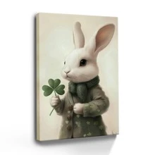 1pc St. Patrick's Day Framed Canvas Wall Art Poster Realism Surrealism Green Neutral A White Rabbit Holding A Four Leaf Clover Wall Art For Living Room Bedroom Bathroom Kitchen Apartment Hotel, Artful Home Decoration - Framed, Vertical