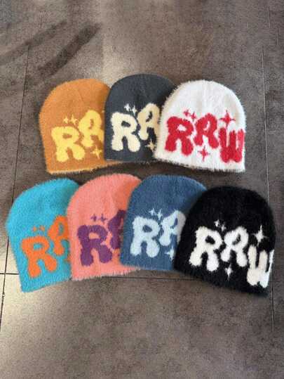 1pc Street Party Style Letter Design Casual Knitted Patchwork Beanie, Comfortable Warm Winter Hat For Christmas, Streetwear And Outdoor Sport Fall Outfit