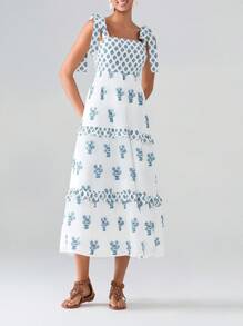 Women's Flower Tie Strap Dress A-Line Square Neck Tiered Ruffled Long Tank Dress For Party Club - 藍色 - 查看 4