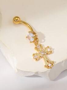 1pc Luxurious Rhinestone Cross Navel Ring, Suitable For Women's Daily Wear, Birthday Party, Beach Gathering