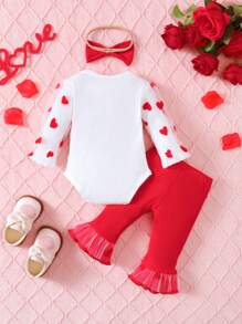 3Pcs Baby Girl Heart Print Romper Set Long Sleeve Triangle Bodysuit And Bell Bottom Pants With Bowknot Headband, Great For 0-1 Year Old Girls Spring Autumn
