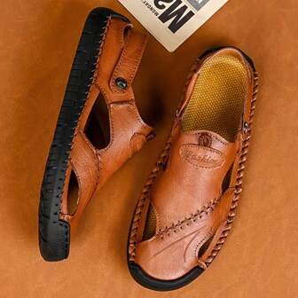 Sandalias retro marrones de hombre de piel sintética - Cierre ajustable con , suela de goma antideslizante, cómodas sandalias abiertas para caminata al aire libre, trekking, uso en la playa | Primavera/Verano/Otoño