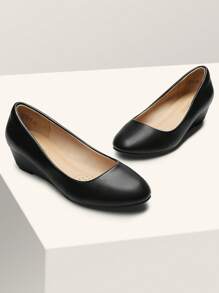Women's Mid Wedge Heel Pumps Closed Toe Slip-On Elegant Comfortable Casual Shoes - Black - View 7