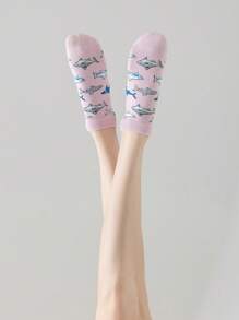 5pcs/Pack Cartoon Shark Print Breathable Short Socks, Fashionable Versatile Soft & Comfortable, Suitable For Spring, Summer, Autumn - Multicolor - View 9