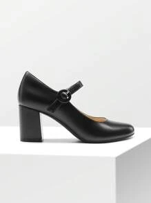 Women's Mary Janes Chunky Heel Pumps Round Toe Solid Color Comfortable Party Wedding Dress Shoes - 黑色 - 查看 6