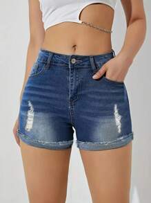 Pantalones Cortos de Mezclilla Desgastados y Elegantes para Mujer - Cintura Alta, Detalles Rasgados, Mezcla de Rayón No Elástico, Perfectos para Primavera/Verano - Azul - Ver 2