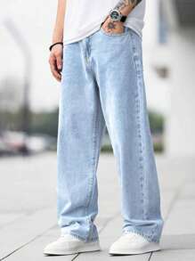 Men's Solid Color Jeans With Slanted Pockets - Baby Blue - View 5