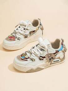 New Teddy Bear Design Khaki Women Sports Shoes, Fashion Breathable Casual Platform Sneakers, Anti-Slip Student Skateboard Shoes - Khaki - View 4