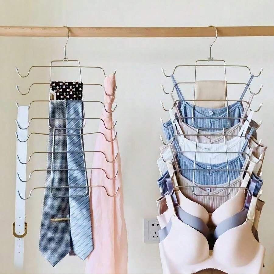 1pc Multi-Functional Foldable Stainless Steel Garment Rack, Household Stainless Steel Lingerie Storage Rack, Multi-Layer Non-Marking Storage Shelf, Clothes Storage Hanger, Storage Supplies - Silver - View 1