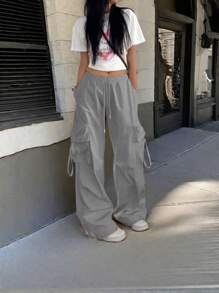 街头高腰翻盖口袋抽绳腰部弹性下摆褶饰休闲阔腿降落伞工装裤