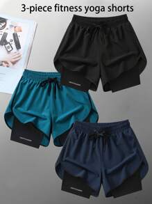 3 Pcs Women Summer Lightweight Sports Shorts, Attached Short Lining Against See-Through, Suitable For Yoga, Cycling, Training, Fitness, Running - Black - View 1