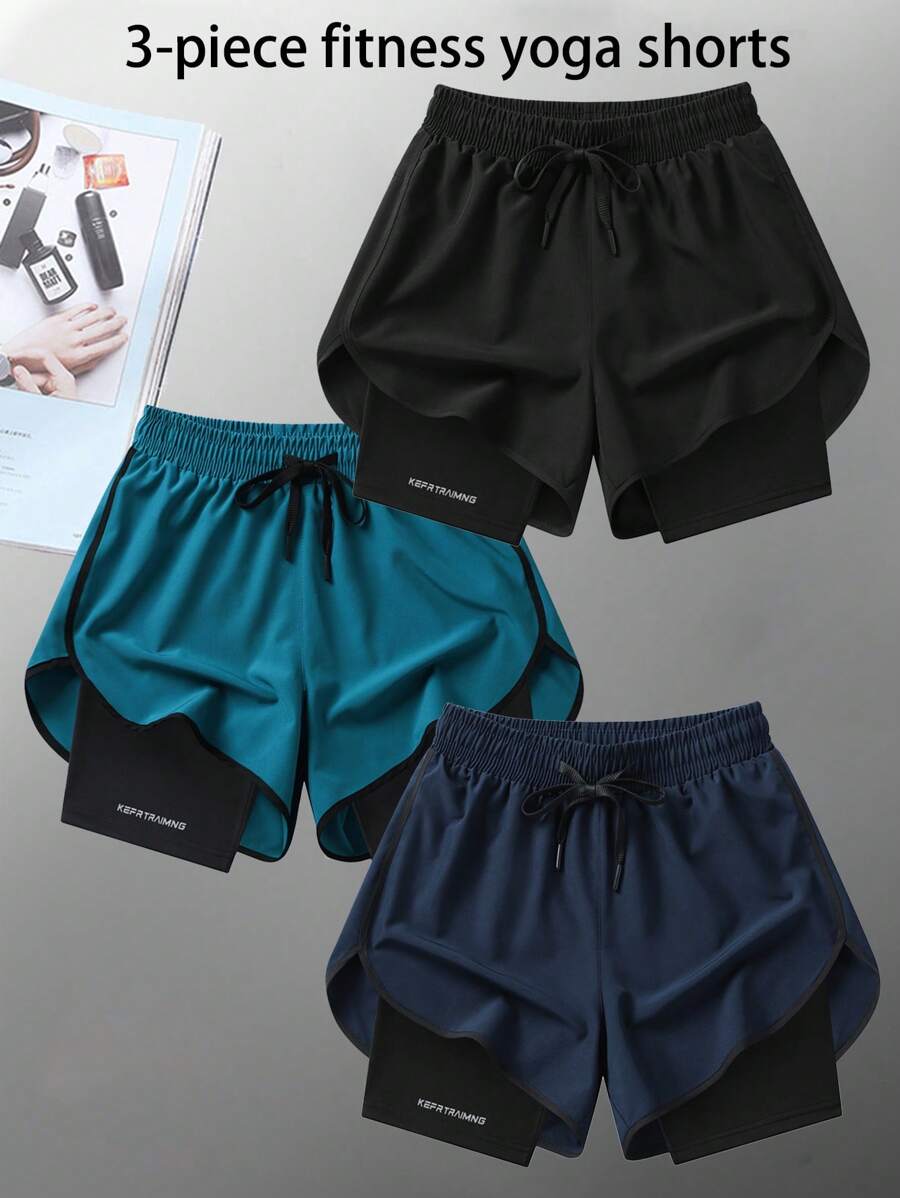 3 Pcs Women Summer Lightweight Sports Shorts, Attached Short Lining Against See-Through, Suitable For Yoga, Cycling, Training, Fitness, Running - Black - View 1