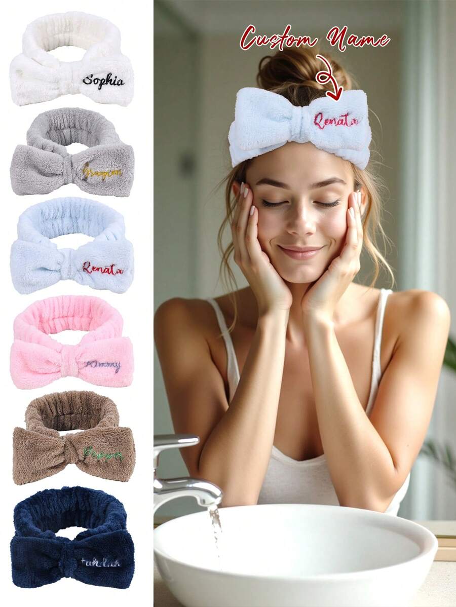 1 Stück personalisierte Spa-Schleife Stirnbänder für Frauen, mit eigenem Namen bedrucktes Stirnband für Hautpflege und Make-up, flauschige, individuell beschriftete Wasch- und Dusch-Haarband für Hautpflege, Yoga, elegante Schleifen-Kopfbedeckung für das tägliche Gesichtwaschen, Frauenhaarschmuck