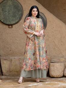 Women's Notched Collar Floral Print, Random Print, 2 In 1, Casual Long Sleeve Arabic Style Dress, Multi-Color, Modest Kaftan