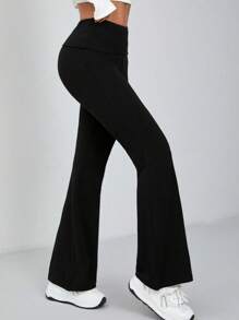 Women Solid Flare Skinny Pants Fold Over Leggings Stretch Bootcut Flared Yoga Pants Y2k Joggers - Black - View 5