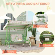 AIYAPLAY Columpio de Jardín Exterior para Niños de +3 Años Balancín de Jardín Exterior de 2 Plazas con Toldo Ajustable Arnés de Protección y Estampados Bonitos 112x75x120 cm - Verde - Ver 5