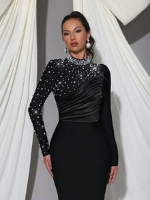 Modphy New Black Sexy Pleated Heavy Pearl Decorated Long Sleeve Fitted Long Tube Dress Wedding Party Evening Gown - Black - View 7