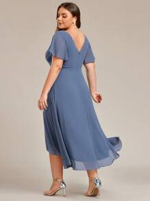 EVER-PRETTY Vestido de dama de honor con escote en V, mangas con volantes y fluido de chifón de alta baja para tallas grandes