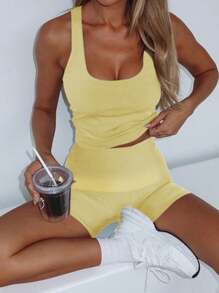 WOWDARK Women Autumn Minimal Square Neck Camisole & Shorts 2pcs/Set - Yellow - View 7