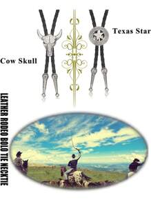 Milacolato 2Pcs Leather Tie Necktie Cow Skull Texas Ranger Star Chain For Men Rodeo Bolo Tie Necktie - 2Pcs - View 3